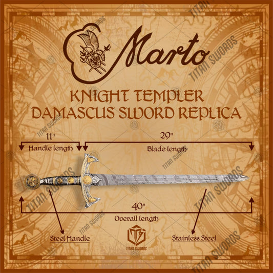 Premium Templar Knights Damascus Premium Longsword Replica with damascus steel blade.