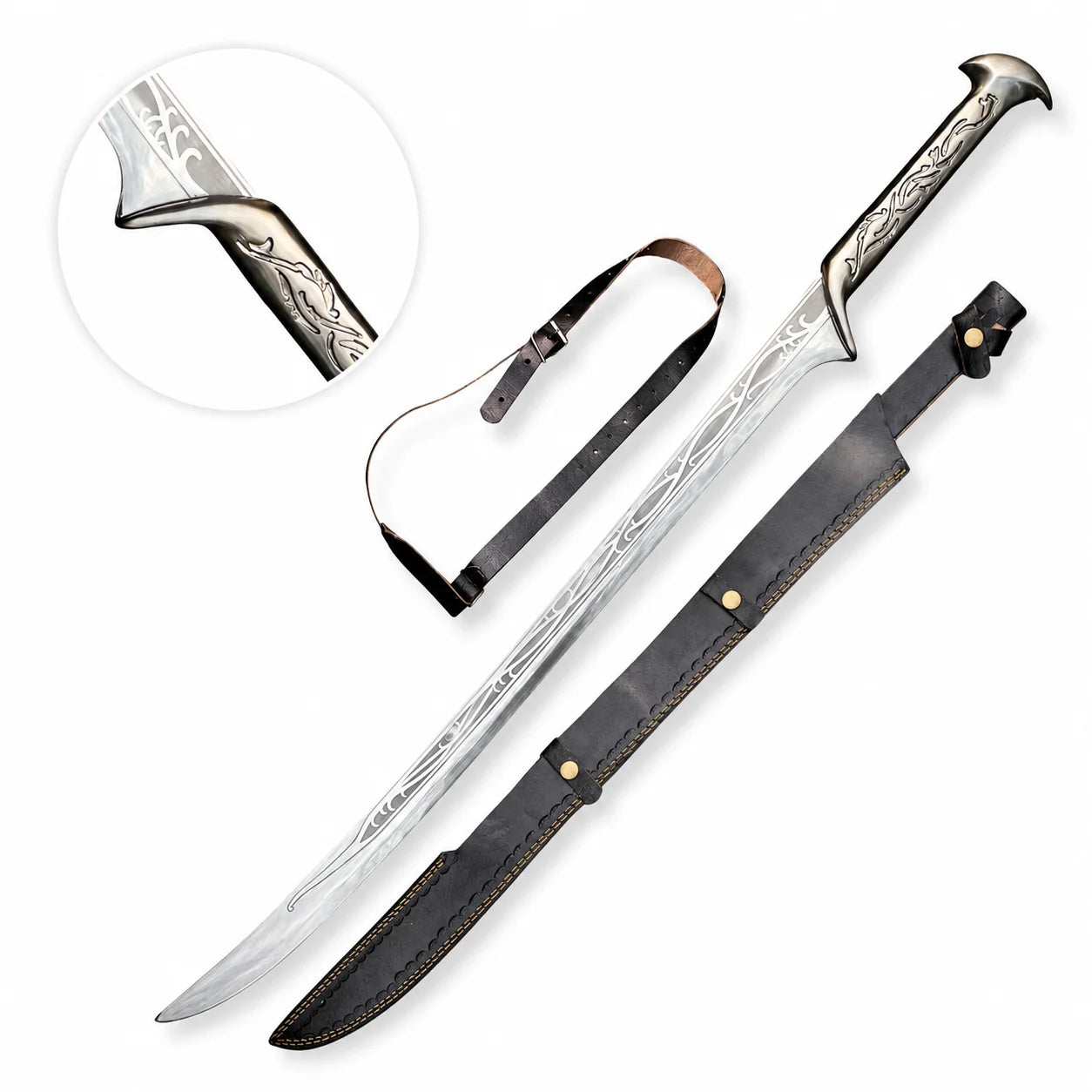 Universal Image Alt Text: Thranduil Sword Hobbit LOTR elven display replica with polished silver engraved blade and black display sheath with strap.
