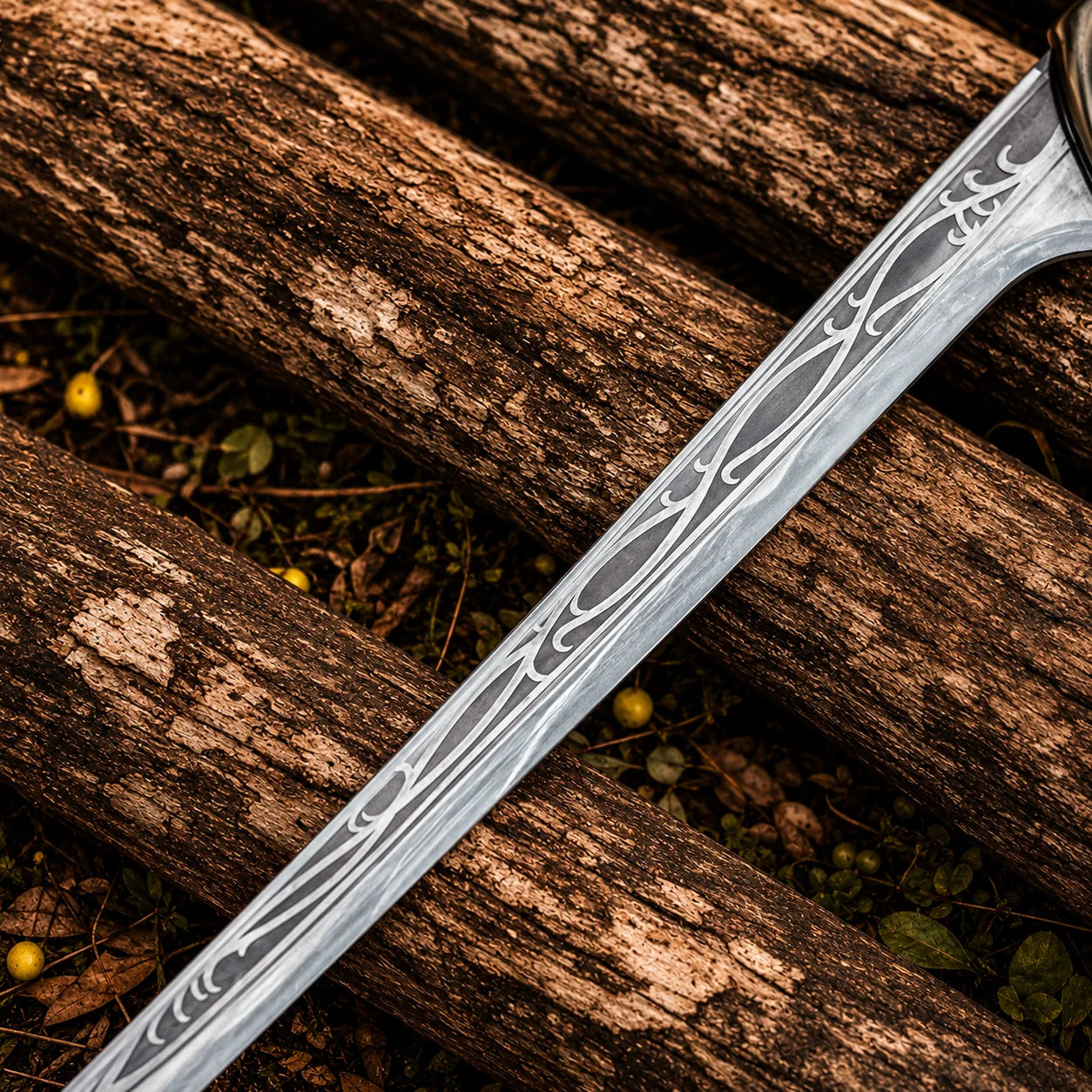 Universal Image Alt Text: Thranduil Sword Hobbit LOTR elven display replica with polished silver engraved blade and black display sheath with strap.