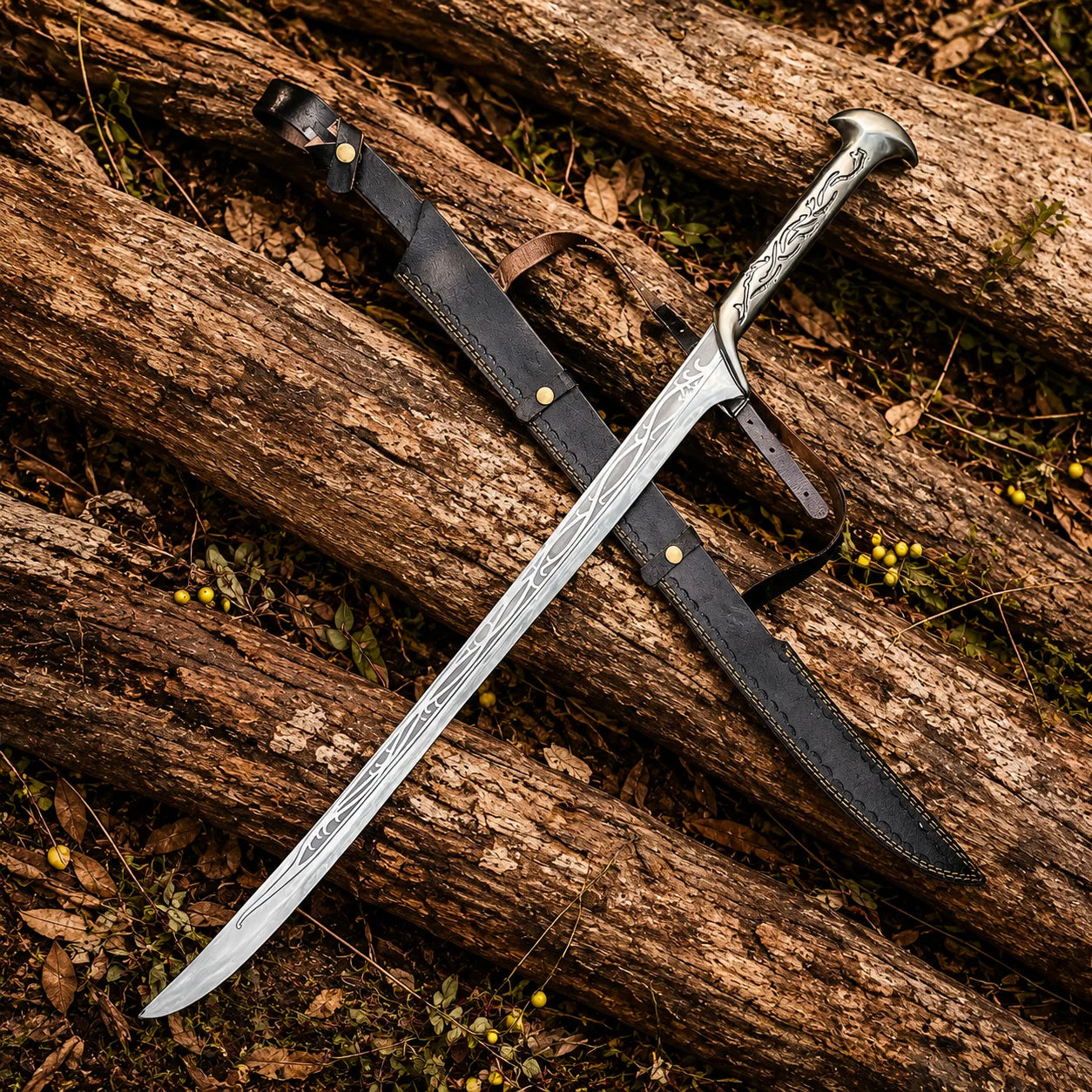 Universal Image Alt Text: Thranduil Sword Hobbit LOTR elven display replica with polished silver engraved blade and black display sheath with strap.