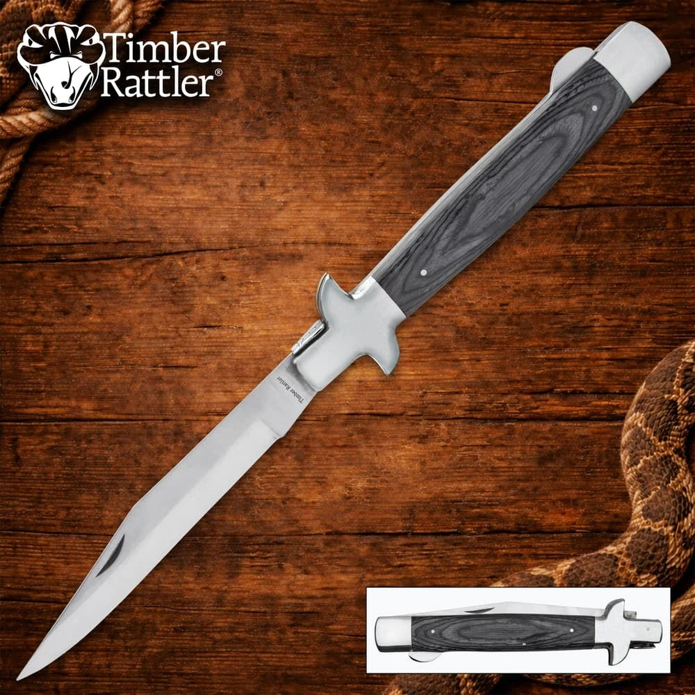 Monster gray pakkawood stiletto pocket knife closed with massive 18 inch overall length and stainless bolsters