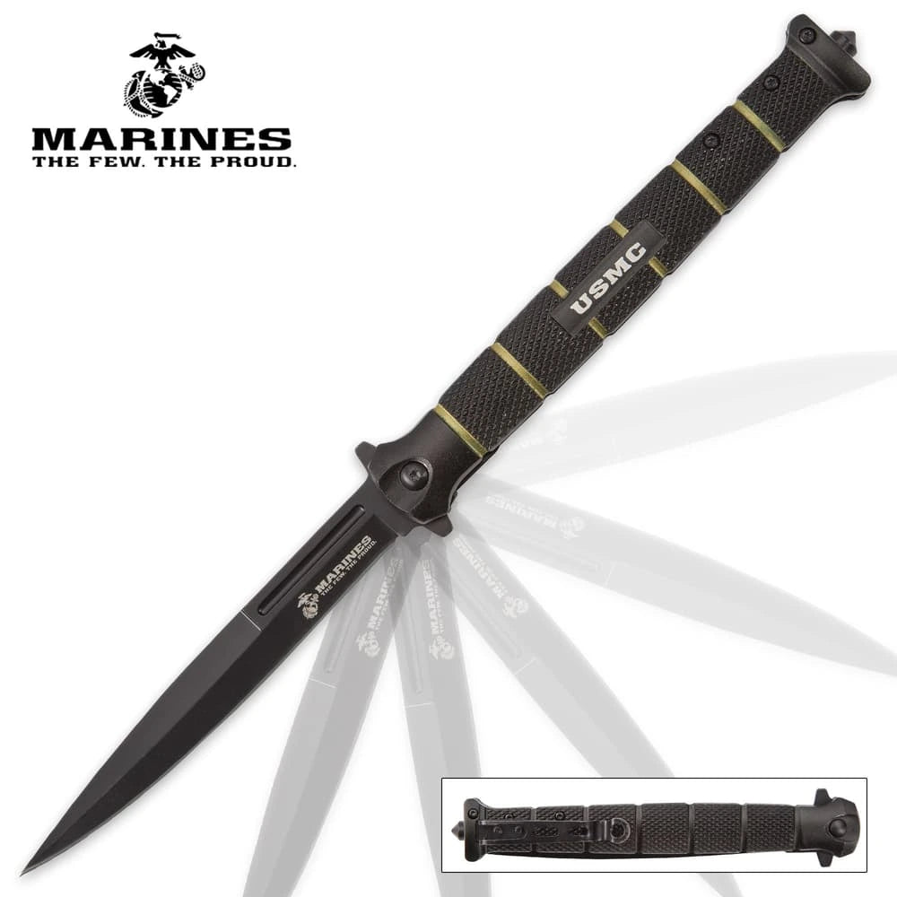 USMC blackout colossal stiletto assisted opening pocket knife closed view with aluminum handle and pocket clip