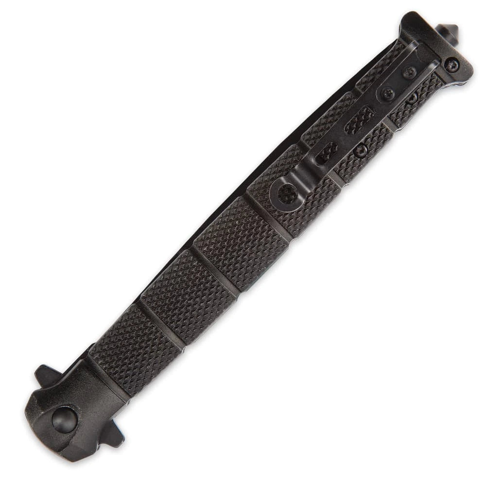 USMC blackout colossal stiletto assisted opening pocket knife closed view with aluminum handle and pocket clip