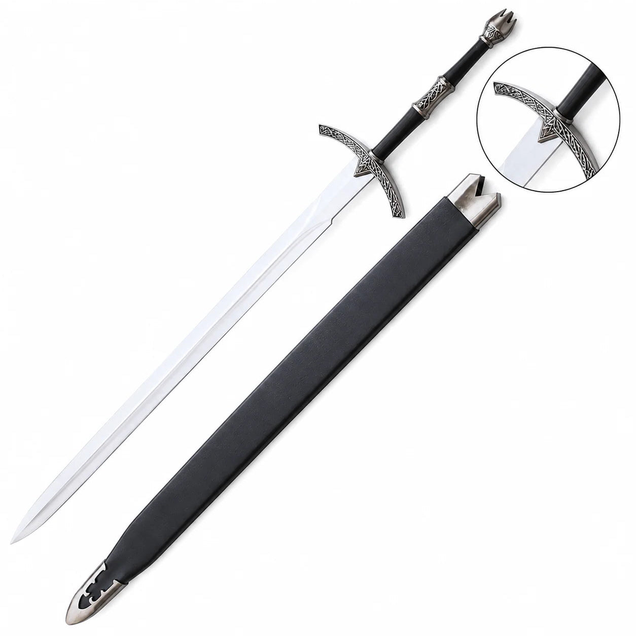 Witch-King Dominion Sword LOTR collectible display replica featuring detailed antique silver engraved guard and matte black handle resting on natural stone backdrop