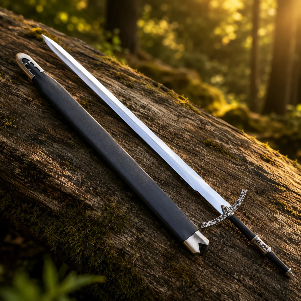 Witch-King Dominion Sword LOTR collectible display replica featuring detailed antique silver engraved guard and matte black handle resting on natural stone backdrop