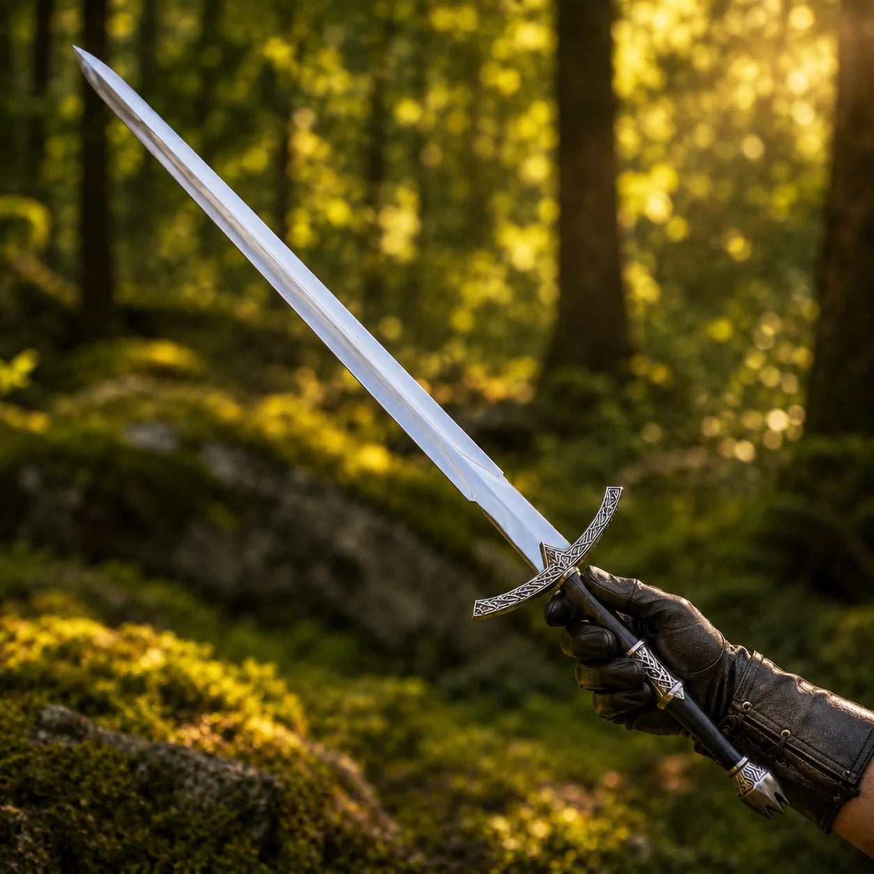 Witch-King Dominion Sword LOTR collectible display replica featuring detailed antique silver engraved guard and matte black handle resting on natural stone backdrop