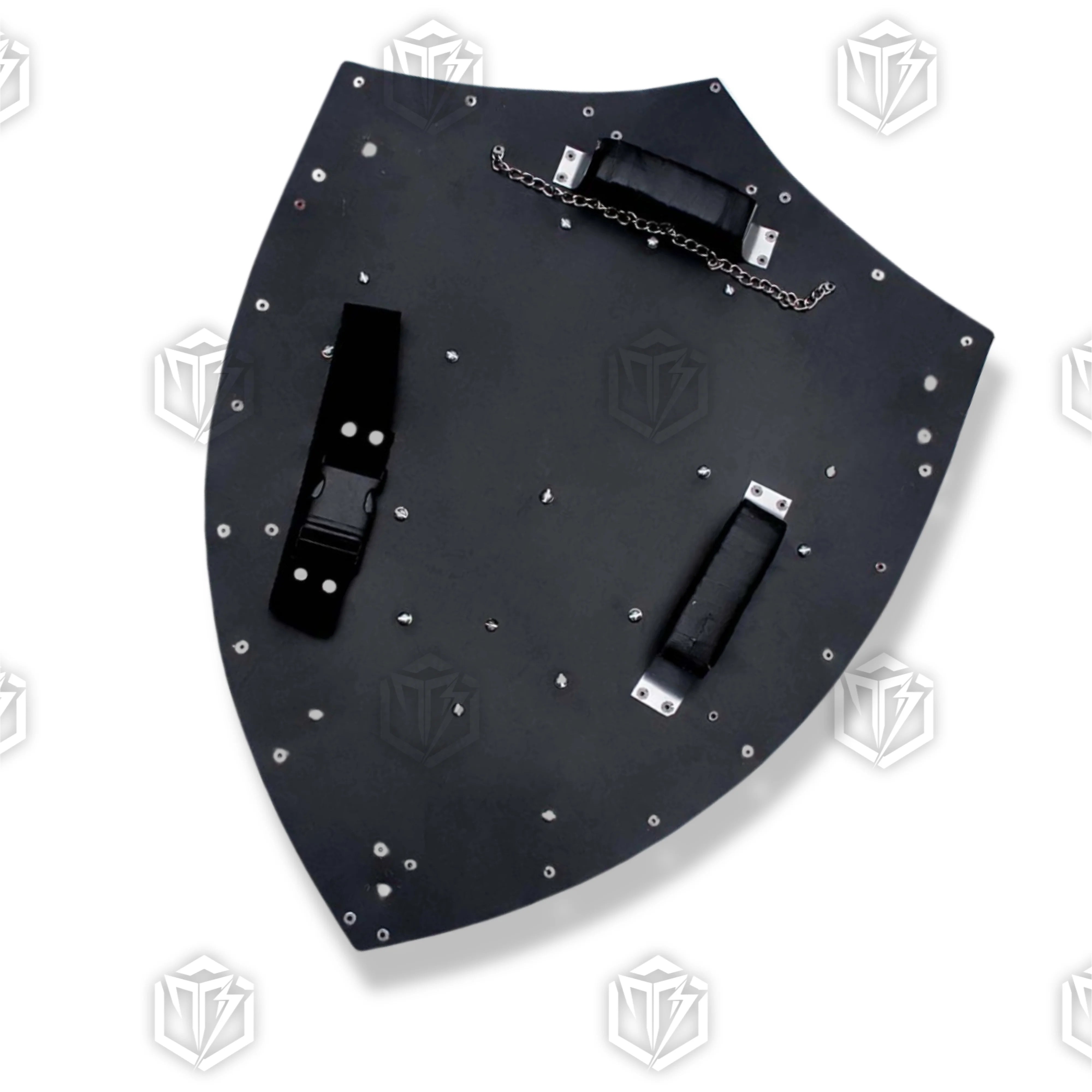 Premium Zelda Link Dark Hylian Shield Black Replica with Triforce engravings.