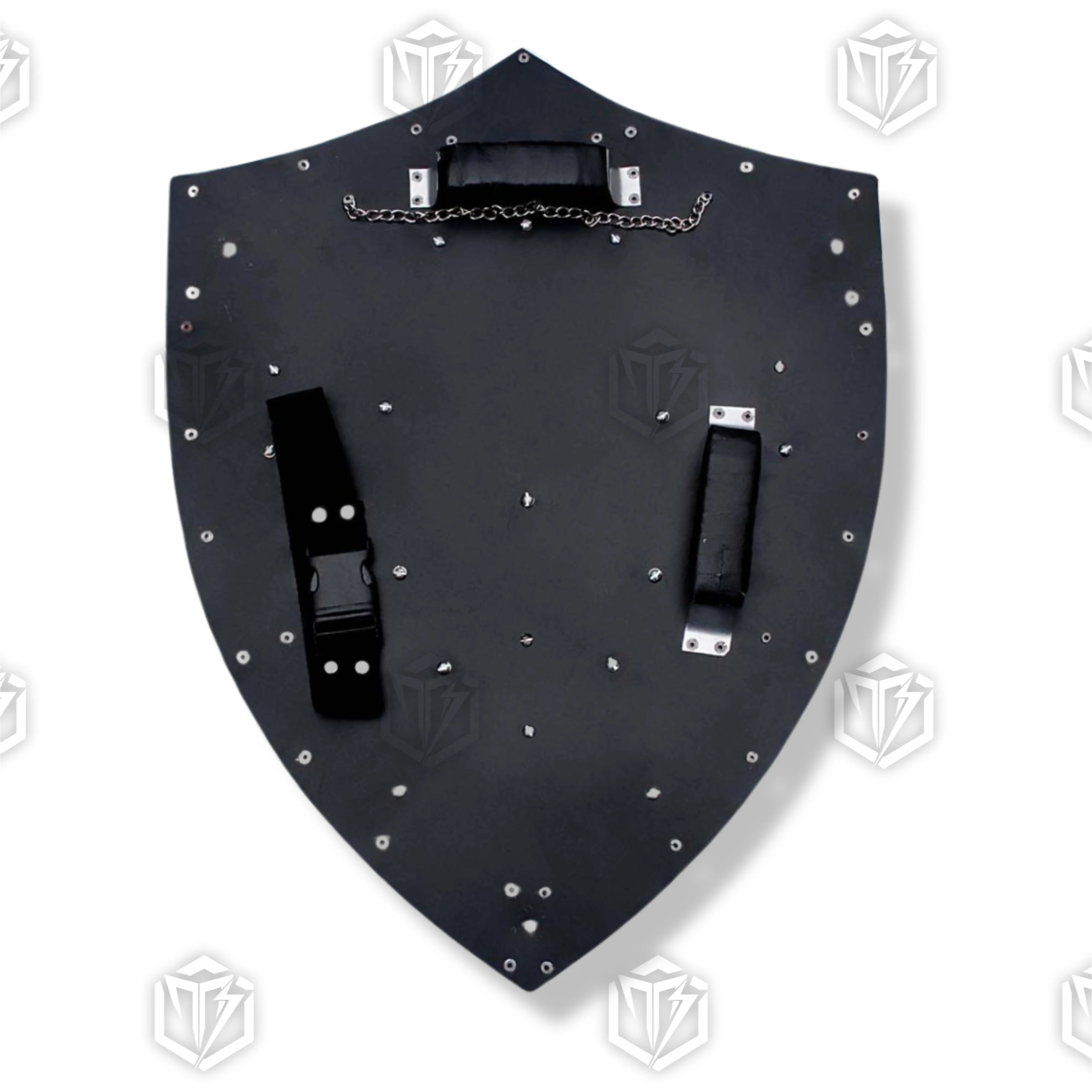 Premium Zelda Link Dark Hylian Shield Black Replica with Triforce engravings.