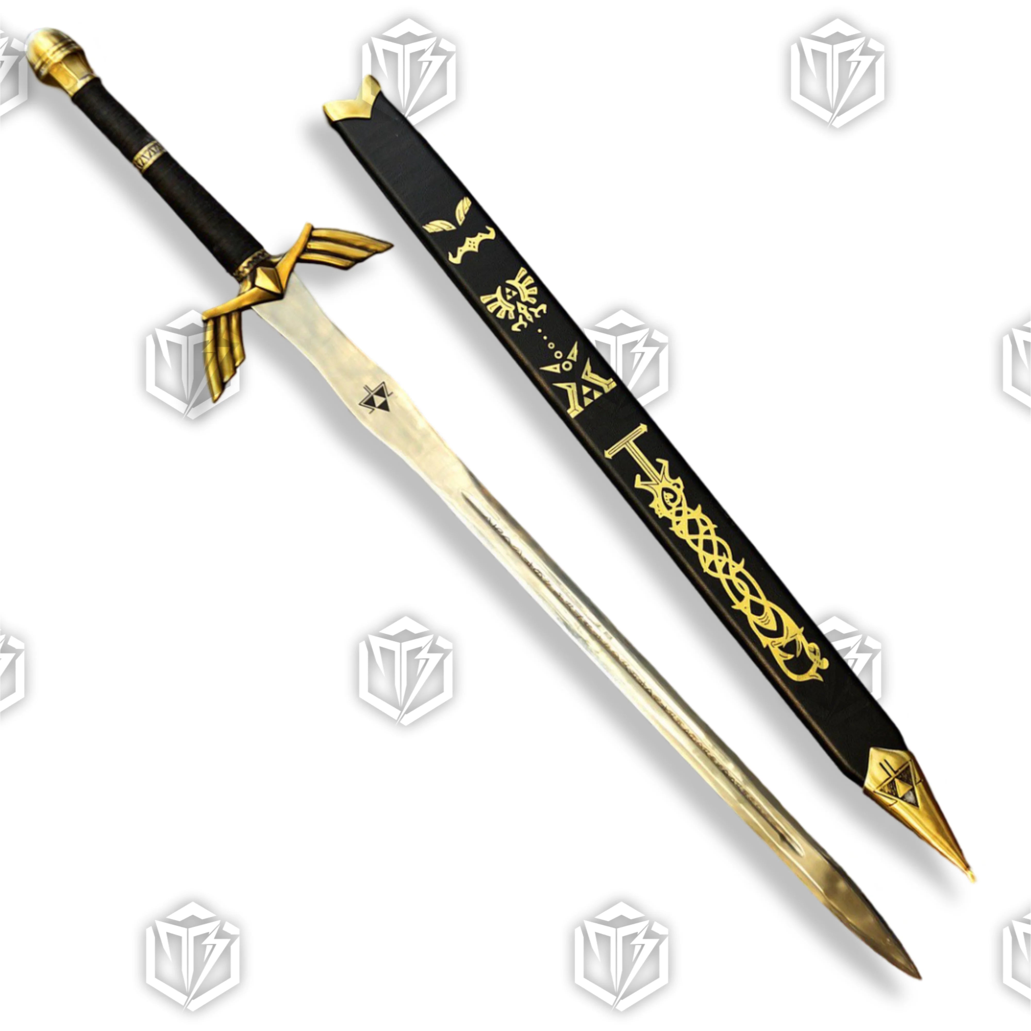 Premium Zelda Link Master Sword Black Edition Replica with Triforce engravings.