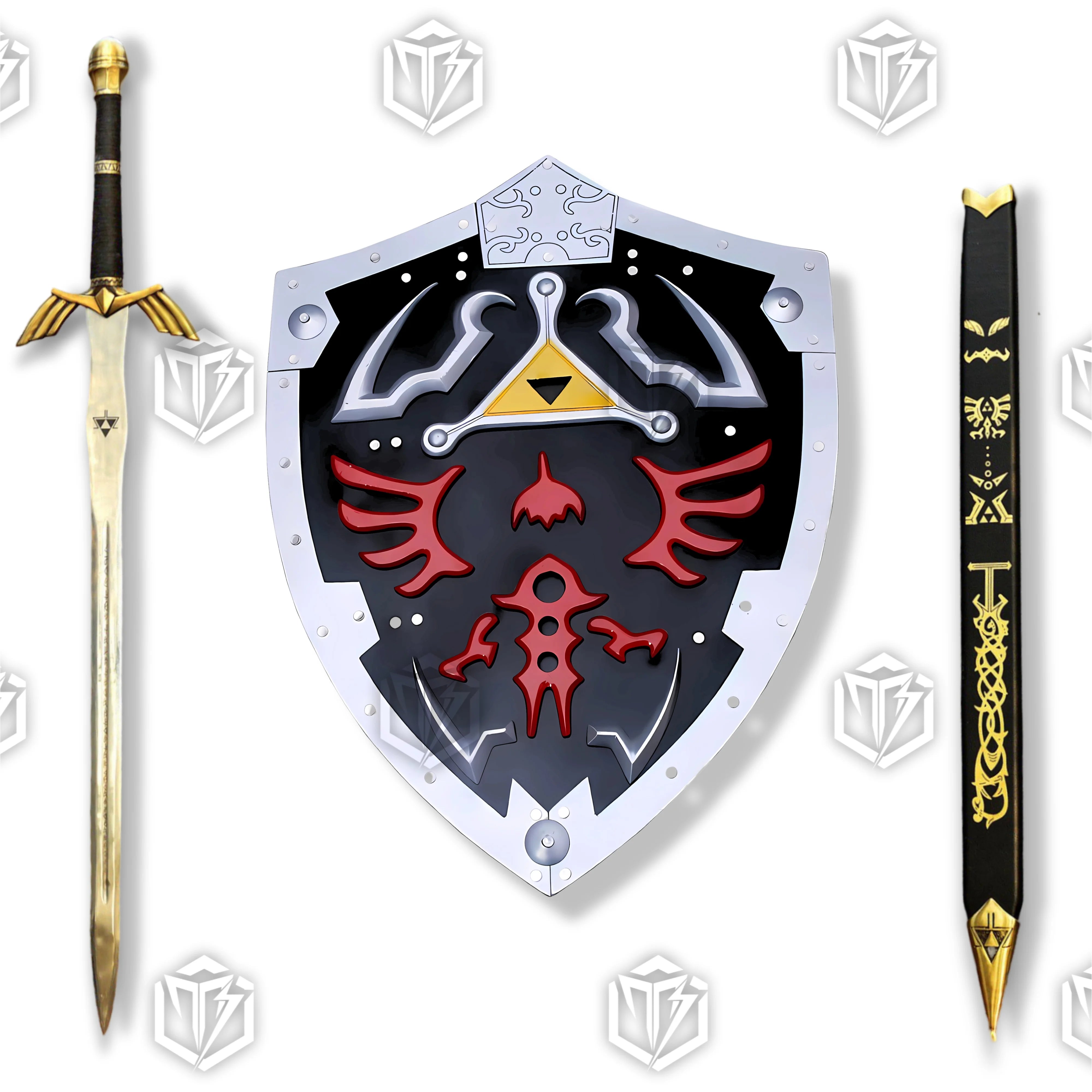 Premium Zelda Link Master Sword and Hylian Shield Set with display stand.