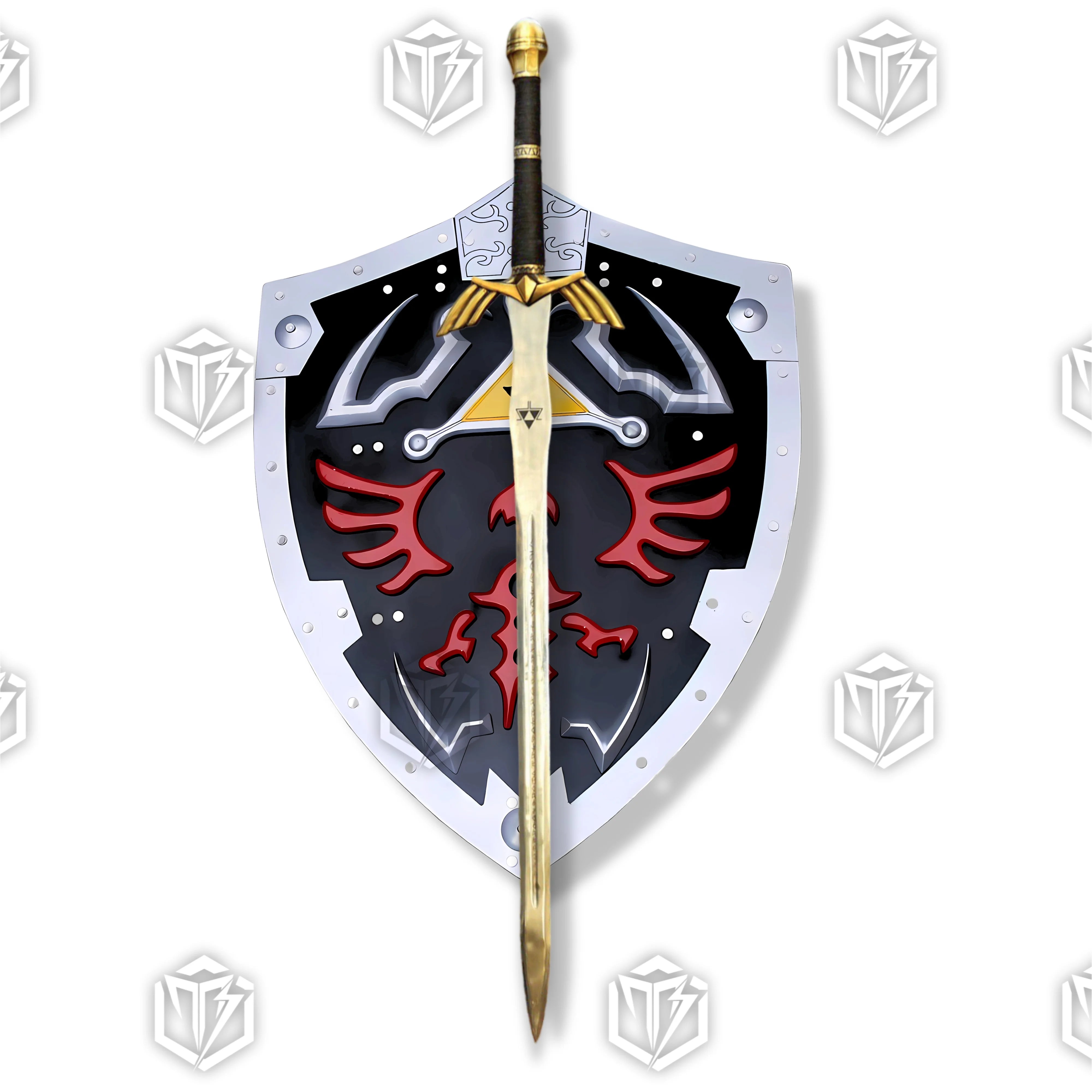 Premium Zelda Link Master Sword and Hylian Shield Set with display stand.