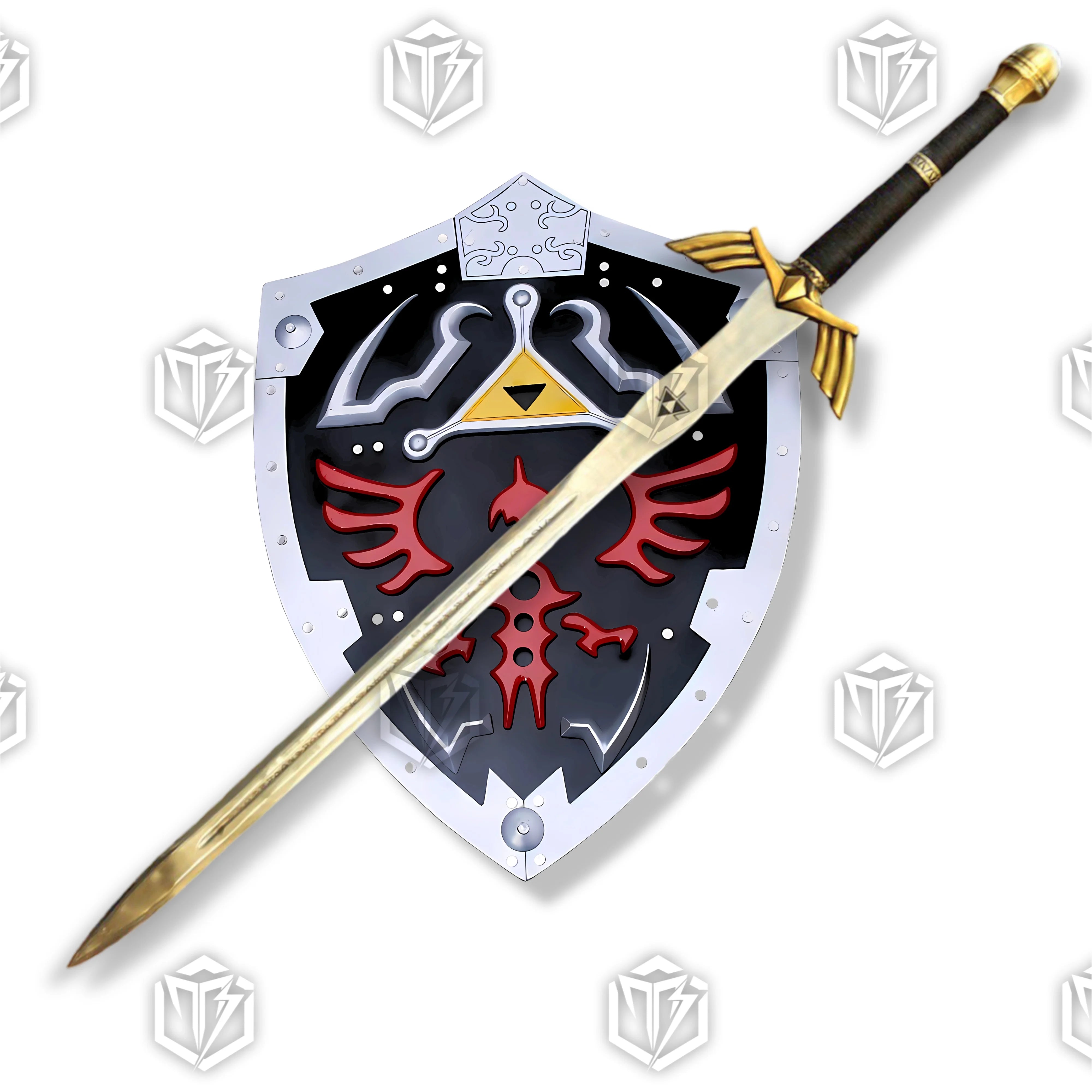 Premium Zelda Link Master Sword and Hylian Shield Set with display stand.